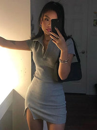 Short Sleeve Slit Sexy Mini Dress Summer Women Fashion Streetwear Outfits Cute Solid Party Clothing