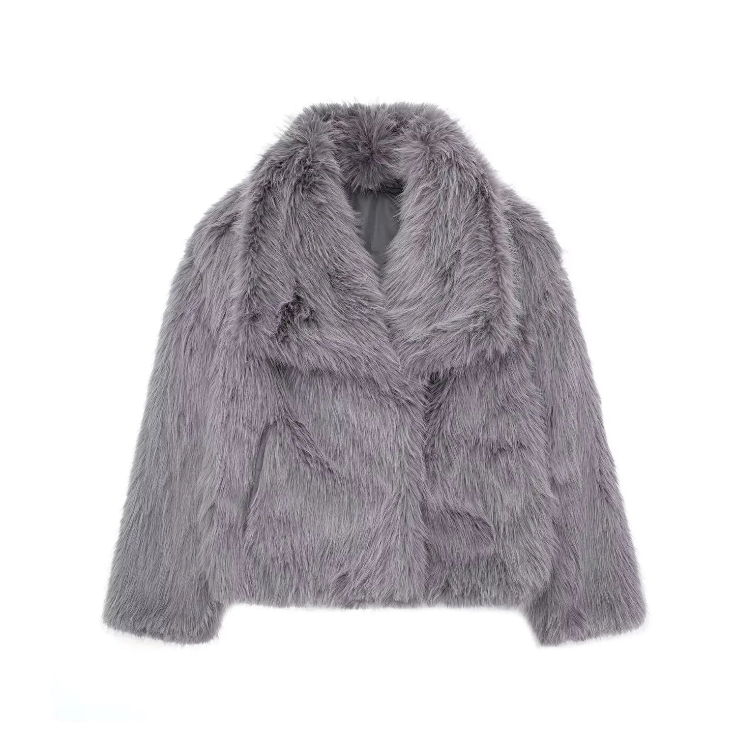 HH Women Fashion Cropped Faux Fur Jacket Coat Long Sleeve Front Snap-button Female Outerwear Chic Lapel Collar Thick Coat