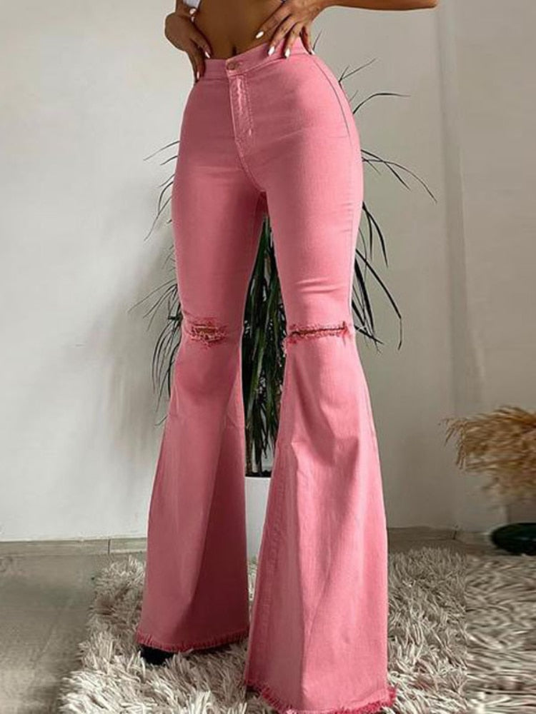 2023 Sexy Spring and Summer Women's Jeans, Butt-lifting, Ripped, Raw Edge Flared Pants,