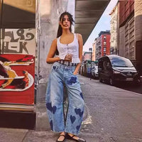 Boho Beach Blue Cotton Denim Jeans For Women Pants Casual loose Mid Waist Tube Shaped Women's Jeans Floral Printed Baggy Jeans