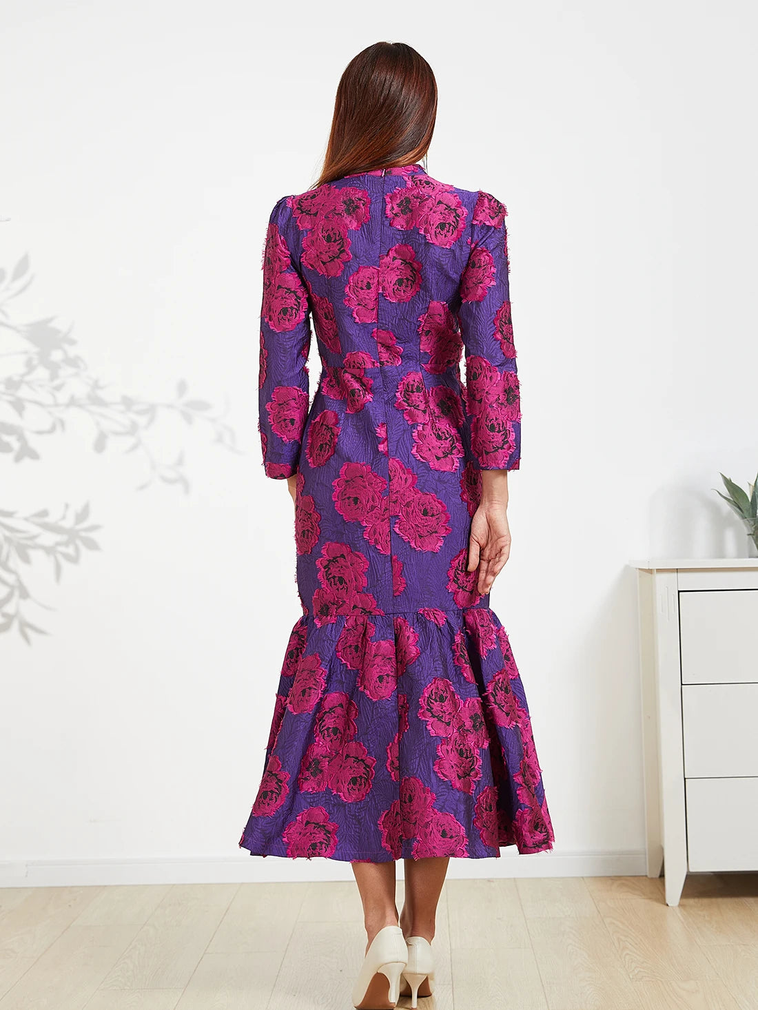 Elegant Brocade Women Maxi Mermaid Dress Long Vintage Flowers Slim Clothing Stand Collar Party Dresses Robe Femme Vestido