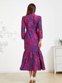 Elegant Brocade Women Maxi Mermaid Dress Long Vintage Flowers Slim Clothing Stand Collar Party Dresses Robe Femme Vestido