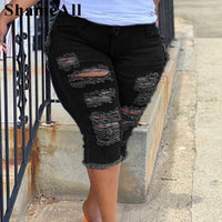 Women Plus Size Street Fringe Ripped Stretch Skinny Black Denim Shorts Summer Sexy Club Party High Waisted Short Jeans Hotpants