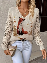Elegant Bohemian Floral V-neck Long Sleeved Top Fashionable V-neck Pullover Hollow Printed Sweater Pullover 2025 Casual Knitwear