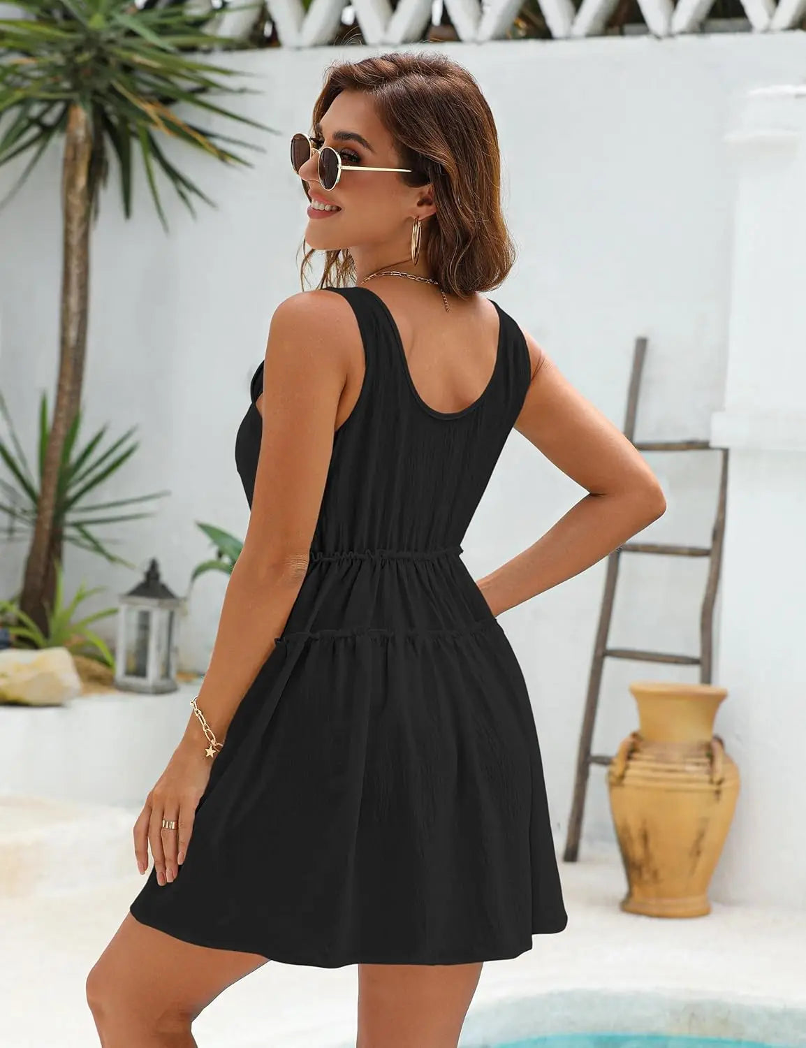 Summer Women's O-Neck Pockets Dress Casual Sleeveless Vest Mini Dress Beach Holiday Solid Color Dresses Elegant Female Vestidos