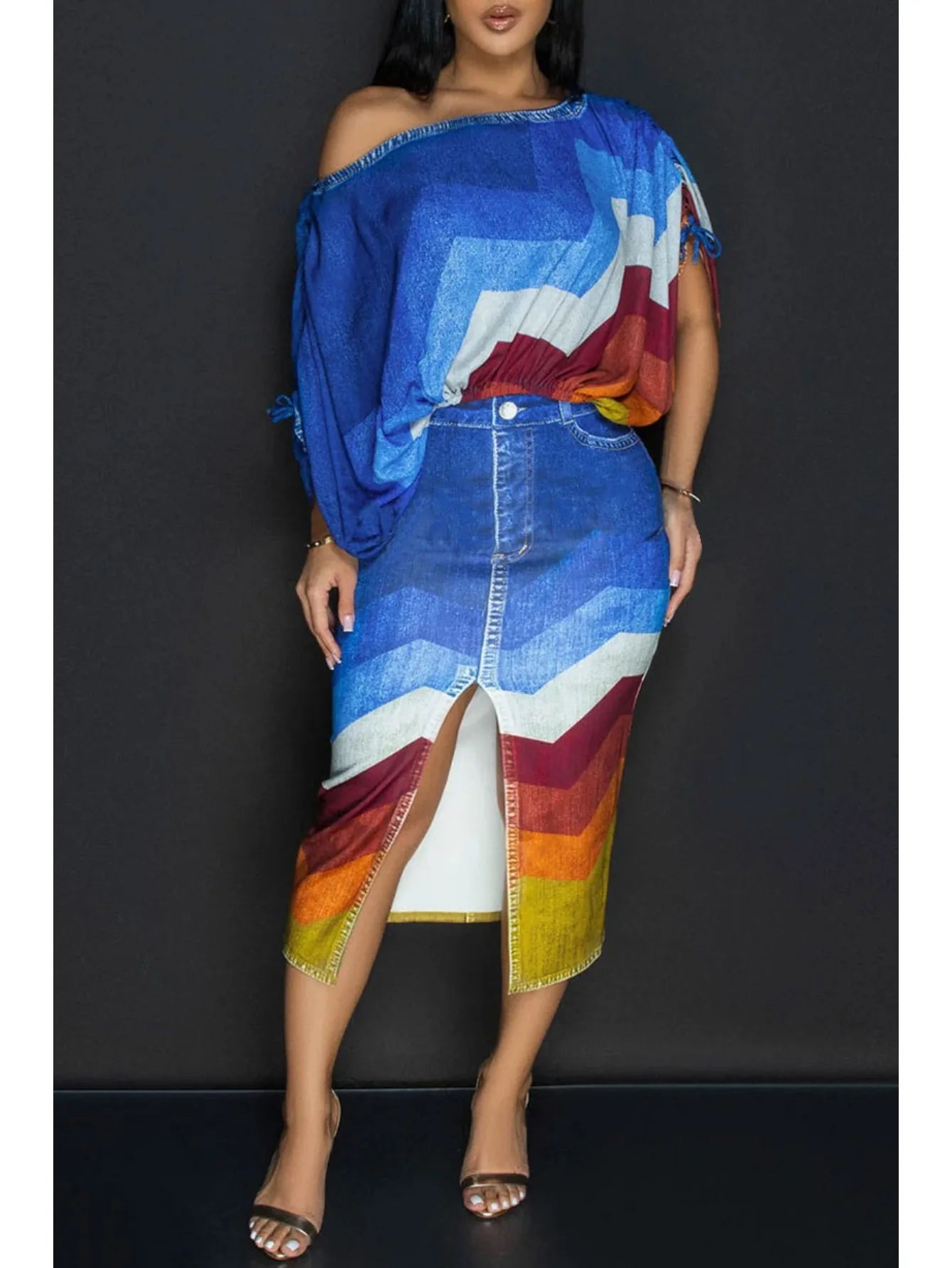 Geometric Print Short-Sleeve Ruffled Crop Top with Drawstring Split Midi Skirt 2-Piece Outfit