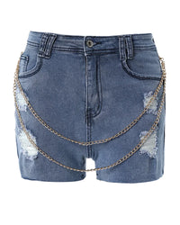 Chain Decor Ripped High Waist Denim Shorts Women Summer Fashion Casual Skinny Hole Short Jeans Boyfriends for Women