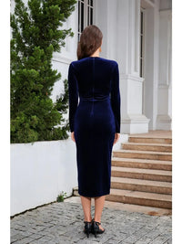 V-Neck Long Sleeve Elegant Dresses Autumn New Fold Bright Colors Golden Velvet Sheath Dress Split Hip Wrap Mid-calf Ladies Skirt