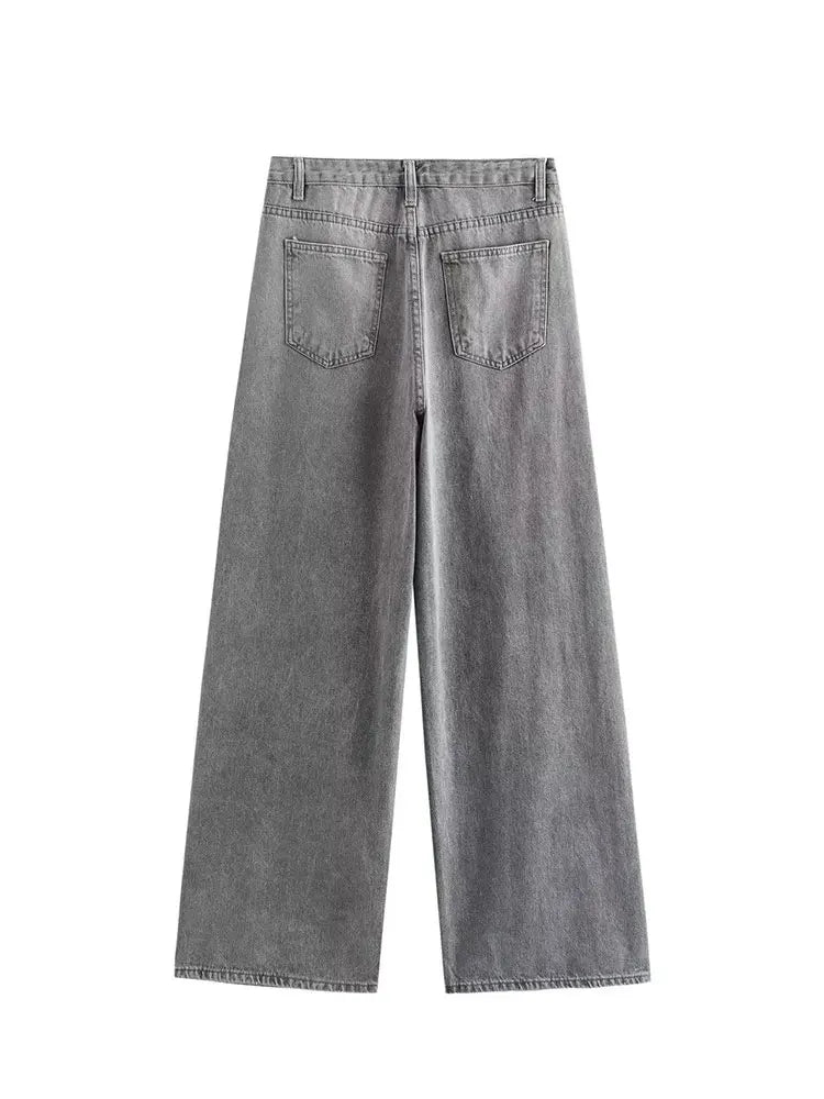 HH Women's Street Fashion Wide-leg Jeans Double-clad Pants With Pockets High Waist Solid Asymmetric Retro Straight Trousers