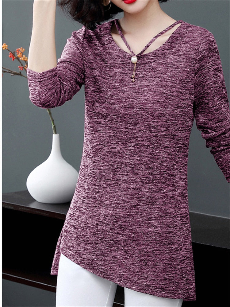 Women Spring Summer Style T-Shirts Tops Lady Casual Long Sleeve O-Neck Gray Tees Shirts DF3026