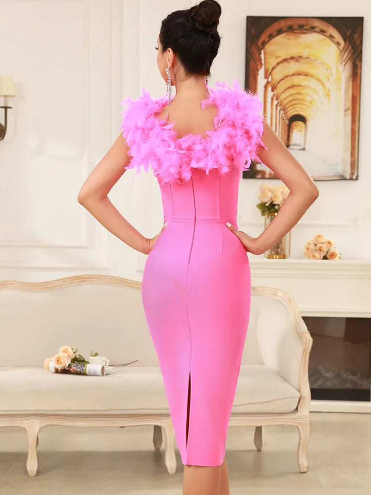 Women Celebrity Sexy Long Sleeve Feather Mesh Pink White Midi Bandage Dress 2025 Knitted Elegant Evening Club Party Dress