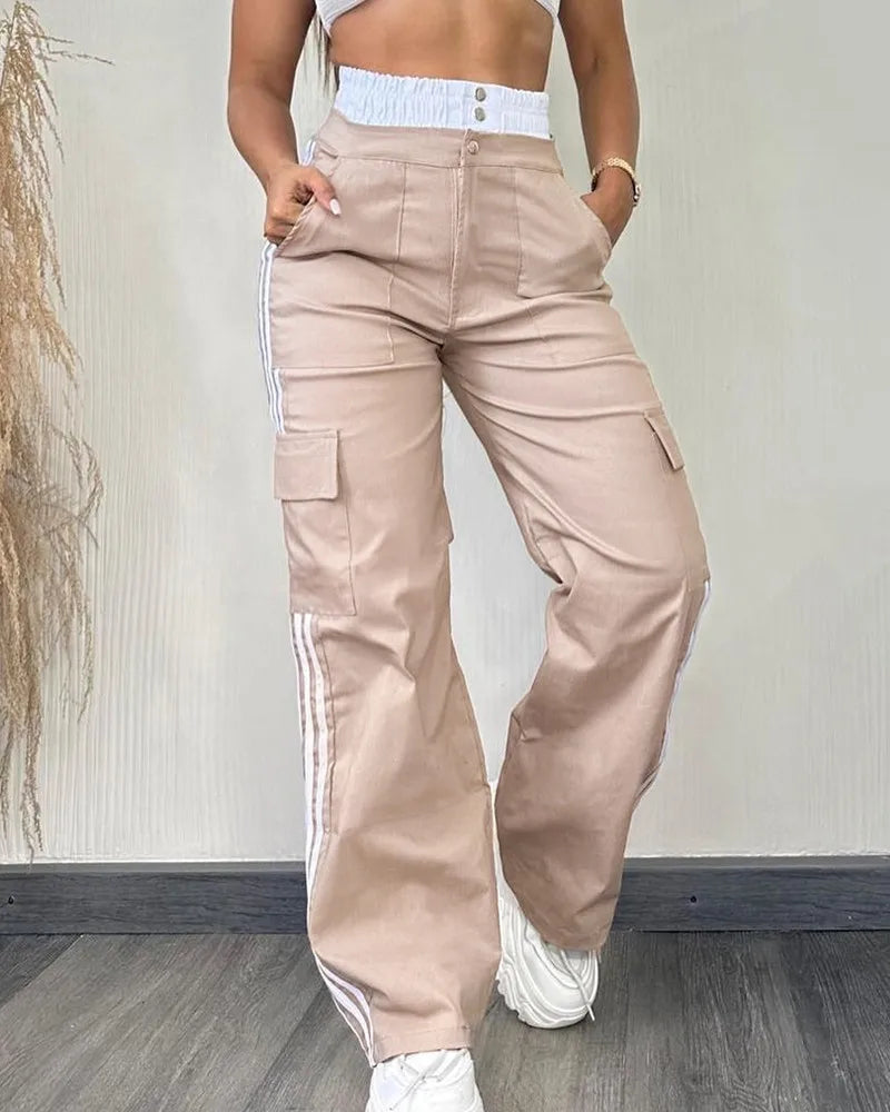 High Waist Stretchy Cargo Pants with Striped Tape Patch Shirred Design And Pockets for Women
