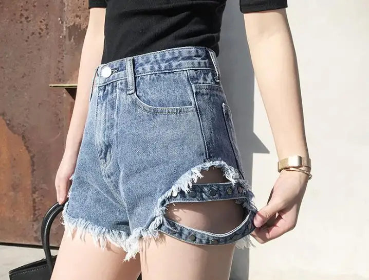 Rivet denim shorts summer spring women high waist loose tassel jeans shorts