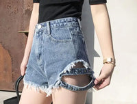 Rivet denim shorts summer spring women high waist loose tassel jeans shorts