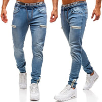 Jeans Men Casual Drawstring Elastic Waist Denim Skinny Trousers Pencil Pants Vintage Streetwear Washed Ankle Length Denims
