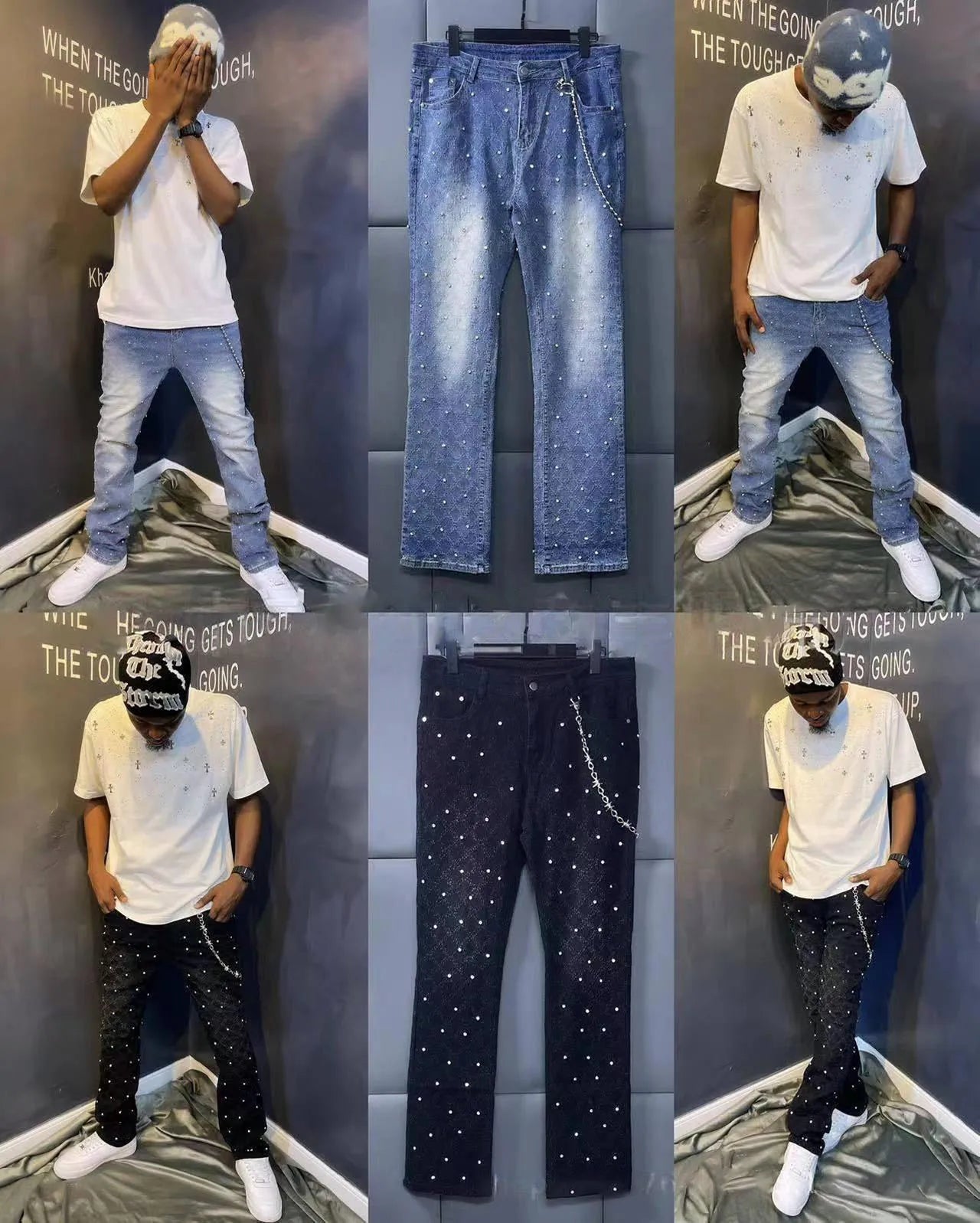 Stretchy Personality Stacked Denim Pants 2024 New Fashion Pearls Fashion Rhinestone European Street Skinny Jeans For Men