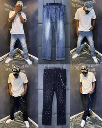 Stretchy Personality Stacked Denim Pants 2024 New Fashion Pearls Fashion Rhinestone European Street Skinny Jeans For Men