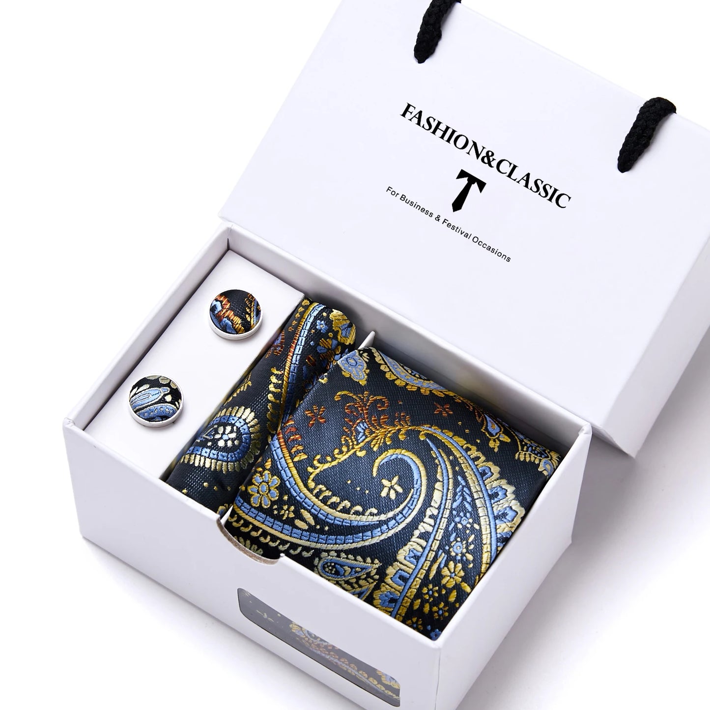 High Quality 7.5 cm Stripe Blue Tie Pocket Square Cufflinks Set For Men Gift Box Wedding Gravatas Fit Workplace