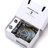 High Quality 7.5 cm Stripe Blue Tie Pocket Square Cufflinks Set For Men Gift Box Wedding Gravatas Fit Workplace