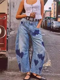 Boho Beach Blue Cotton Denim Jeans For Women Pants Casual loose Mid Waist Tube Shaped Women's Jeans Floral Printed Baggy Jeans