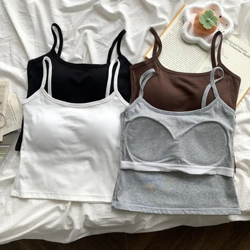 Women's Solid Color Spaghetti Straps Sleeveless Slim Camisole with Chest Pad Cotton Summer Wear Outside Female Short Tops Vests