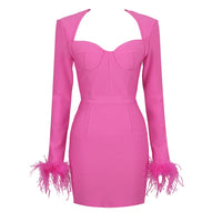 Women Winter Sexy Long Sleeve Feathers Hot Pink Black Mini Bodycon Bandage Dress 2022 Elegant Evening Party Dress