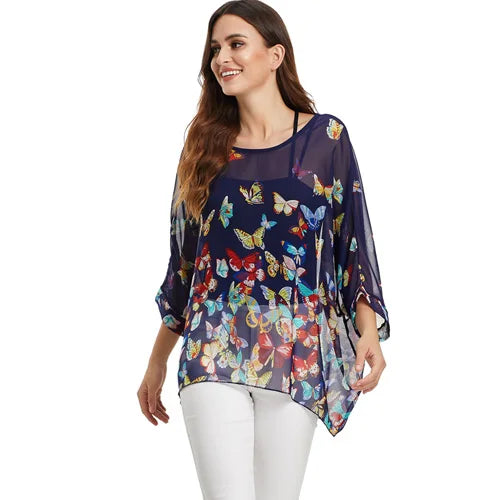 BHflutter White Blouse Shirt Women Fashion Batwing Casual Summer Tops Tees Ladies Print Chiffon Blouses Streetwear Plus Size