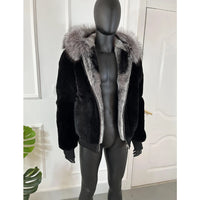 Real Rex Rabbit Fur Jacket Chinchilla Colour Mens Hooded Short Coat Warm Winter Natural Fox Fur Collar