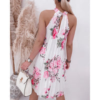 Fashion Women Floral Print Halter Casual Pleated Dress Summer Women Floral Mini Dress Causal Loose Daily Wear Sexy Robe Holiday