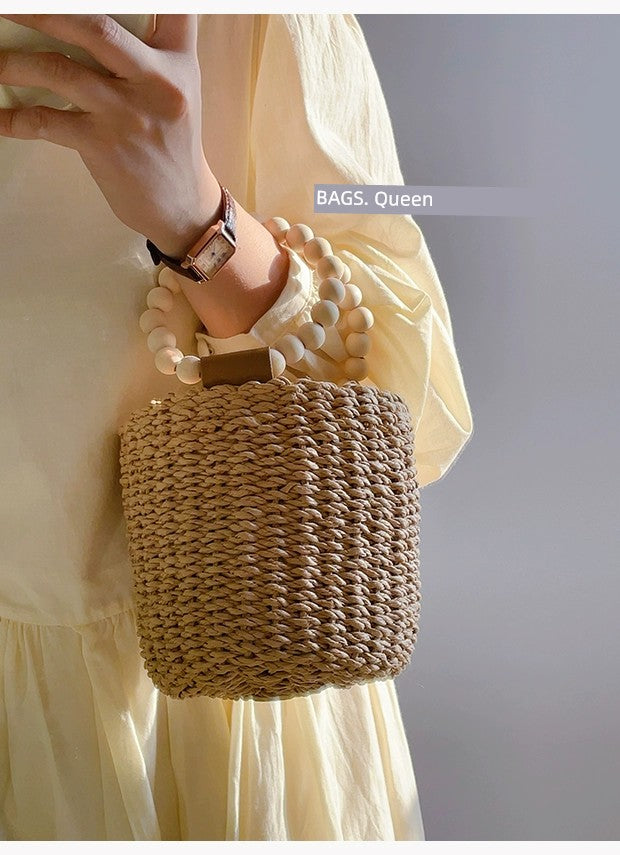 Beaded Satchel round Casual Seaside Beach Straw Bag