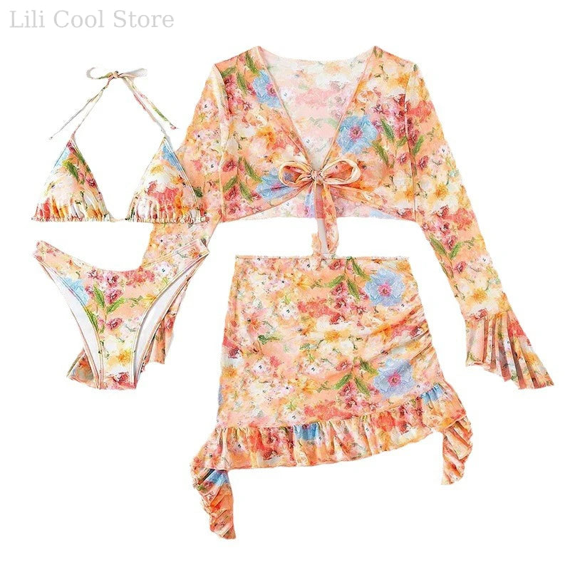 New Arrival Sexy Print Four Piece Bikini Set High Waist With Beach Skirt Long Sleeve Crop Top Swimwear Bikini Bathing Suit