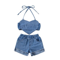 2022-12-29 Lioraitiin 0-6Years Toddler Girl Summer Clothes 2Pcs Outfits Dot Print Heart Denim Camisole Ripped Jeans Shorts
