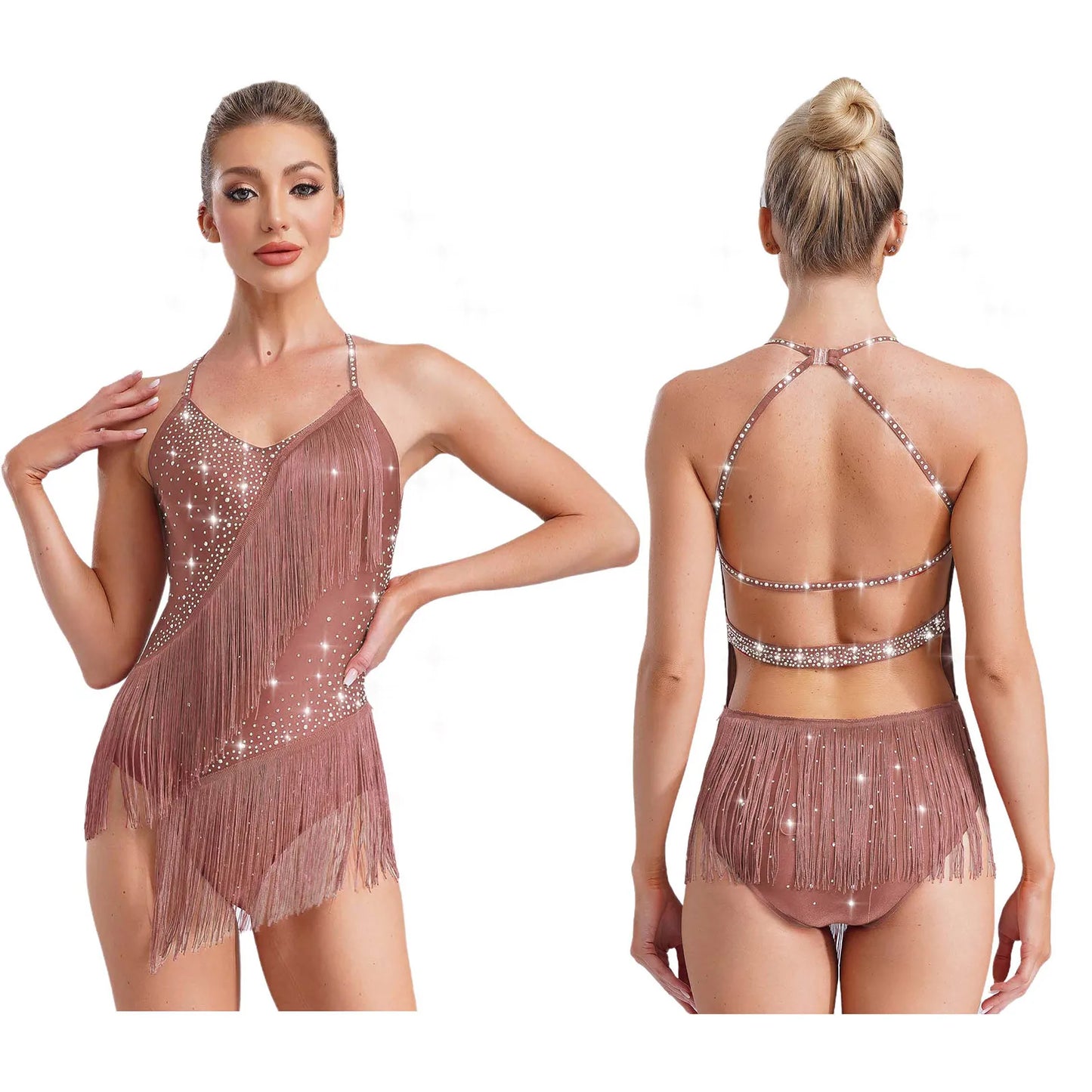 Women Latin Dance Leotard Sleeveless Halter Neck Rhinestones Adorned Backless Tassels Leotard for Performance Competition