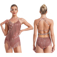 Women Latin Dance Leotard Sleeveless Halter Neck Rhinestones Adorned Backless Tassels Leotard for Performance Competition