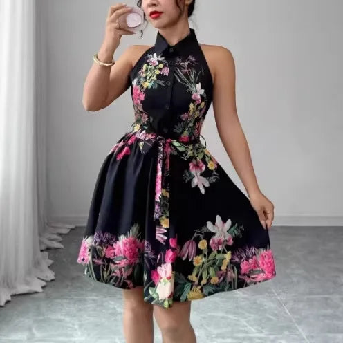 2026 Spring and Summer New Casual Style Waist Strap Dress Flower Printed Women's Dress