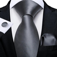 Barry.Wang Black White Gray Silver Men Tie Handkerchief Cufflinks Set Jacquard Necktie for Male Wedding Business Party Gift