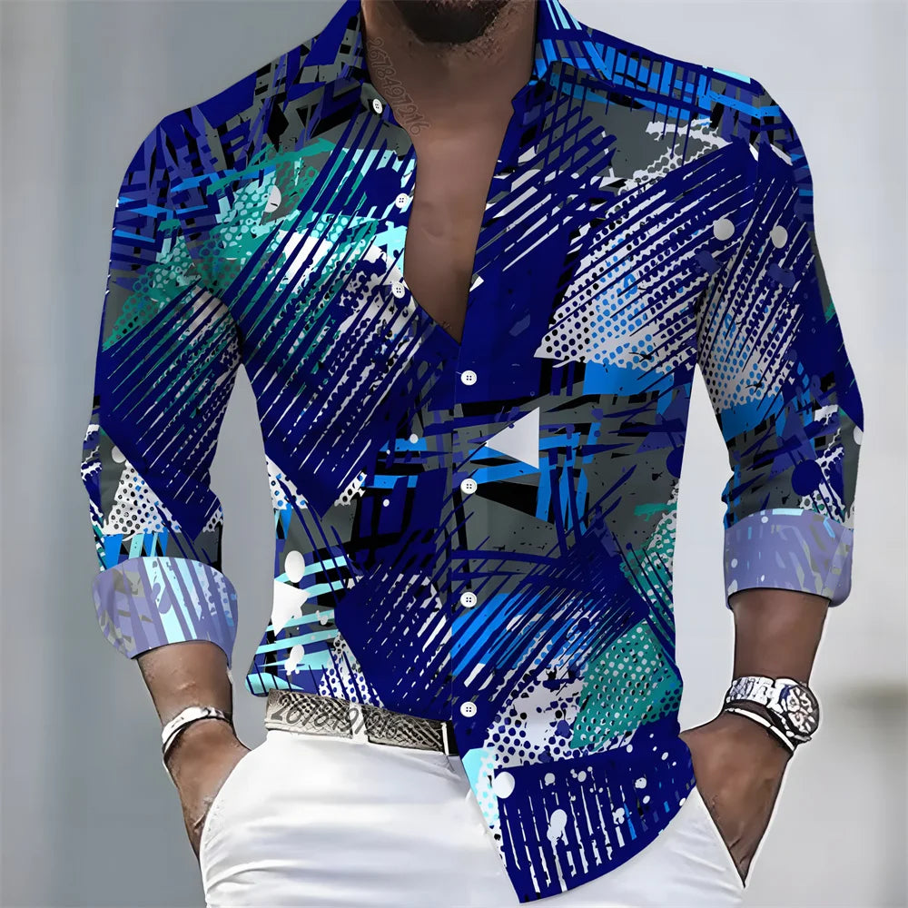 European and American style color-blocked geometric abstract print men's long-sleeved shirt, versatile top for spring and autumn