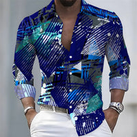 European and American style color-blocked geometric abstract print men's long-sleeved shirt, versatile top for spring and autumn