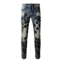 Best Sellers Men's Distressed Streetwear Light Blue Denim Pants Black Stars Patchwork Moustache Holes Ripped Jeans Pants