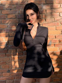 Slim Fit Chic Street Sle Long Sve Stand Collar ort Dr Women's High Waist Bodycon Dr Polyester Spandex Blend