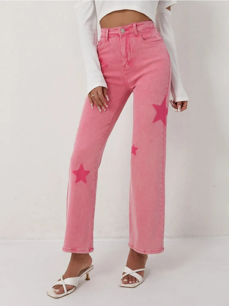 Women's Pink Jeans Star Print Flared High Waist Denim Trousers Stylish and Comfortable Outfit Option