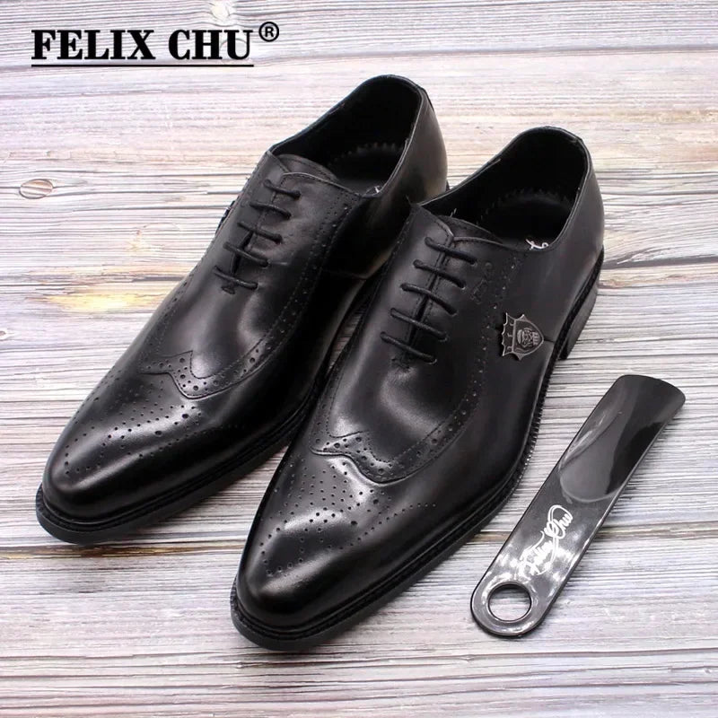 Classic Men's Brogue Oxford Dress Shoes Luxury Genuine Brown Cow Leather Pointed Toe Lace-Up Wedding Party Formal Shoe for Men