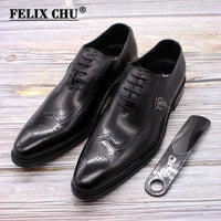 Classic Men's Brogue Oxford Dress Shoes Luxury Genuine Brown Cow Leather Pointed Toe Lace-Up Wedding Party Formal Shoe for Men