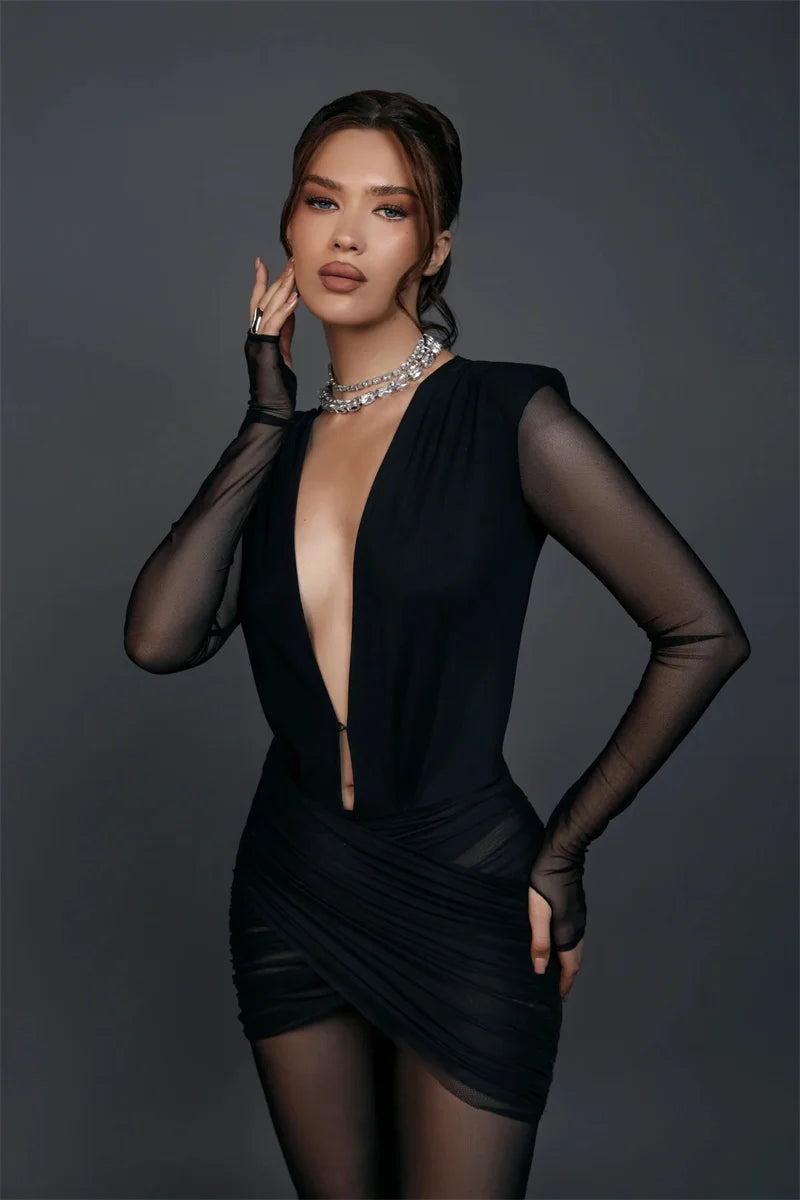 Blifanbo Sexy Deep V Mesh Long Sleeve Jumpsuit  Women Autumn Double Layer Patchwork Ruched Bodycon Jumpsuit Rompers New 2025