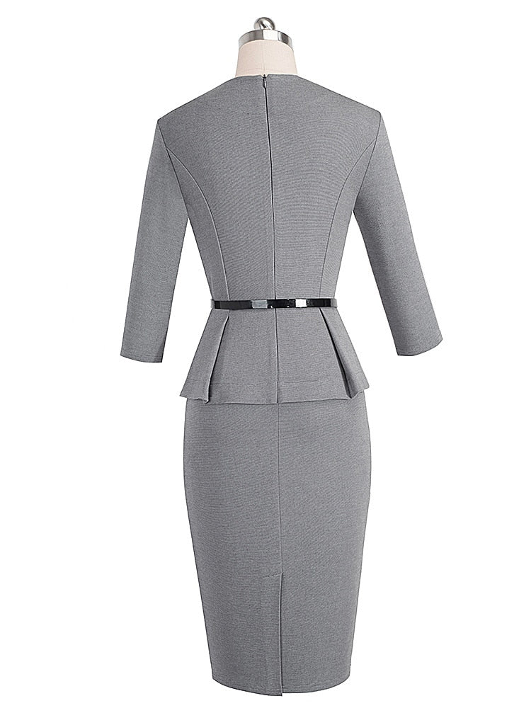 Nice-forever Vintage Elegant Wear to Work with Belt Peplum vestidos Business Party Bodycon Office Career Women Dress B473