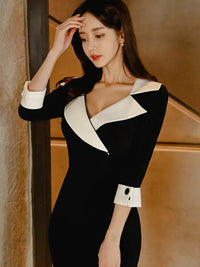 New Fashion Elegant Office Lady Women Dress Sexy Retro Casual Turn-Down Collar Black Formal Slim Midi Party Pencil Femme Vestido