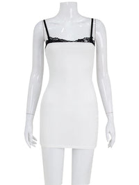 Lace Patchwork Spaghetti Dresses For Women Fashion Sexy Club Y2K Sleeveless Slash Neck Skinny Mini Vestidos Robes Female Bodycon