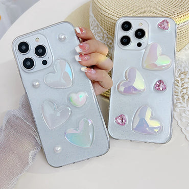 Cute 3D Laser Love Heart Glitter Sequins Clear Phone Case For iPhone 15 14 13 12 11 Pro Max X XR XS 7 8 Plus Bumper Soft Cover