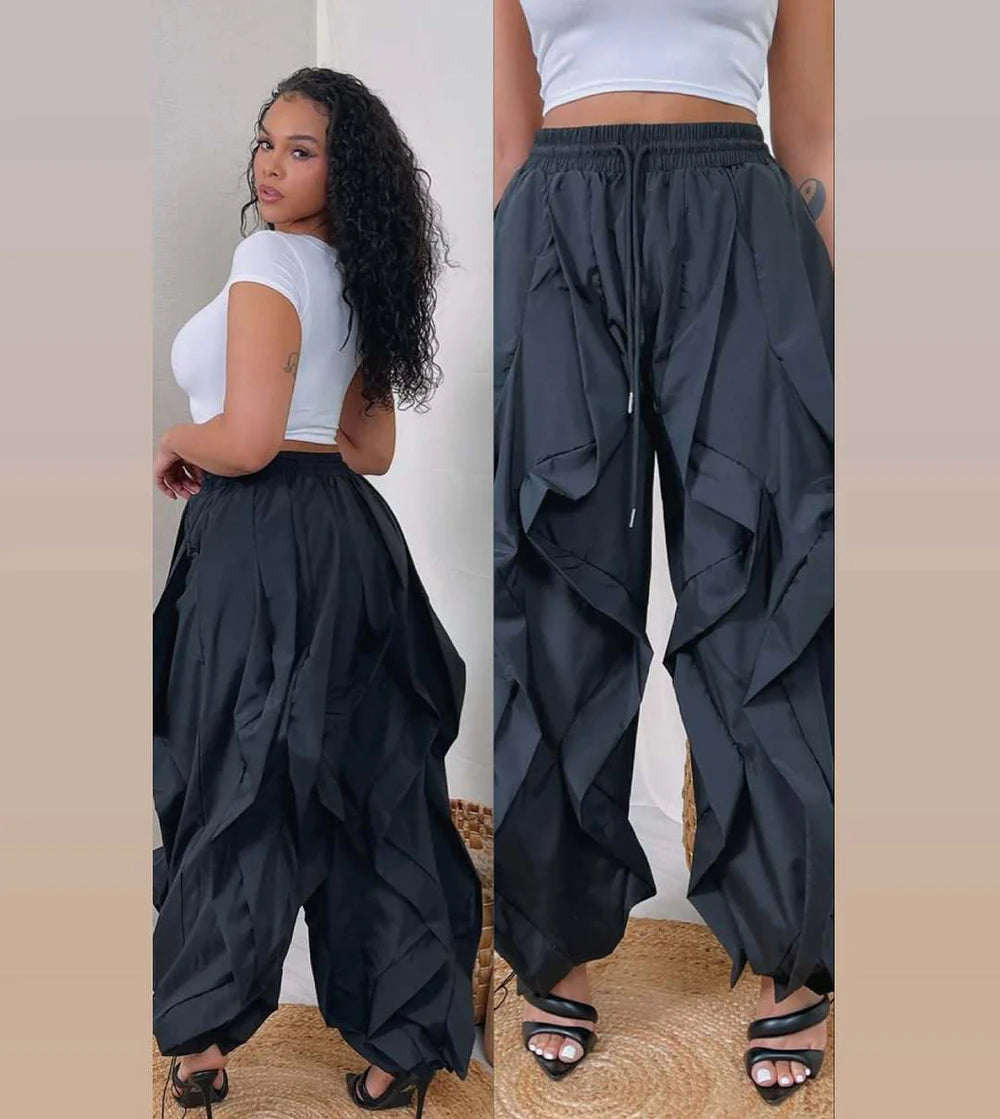 Summer Fashion 2025 Women Ruffle Print Cargo Pants Casual New Female Streetwear Joggers Elastic High Waist Loose Latern Trousers