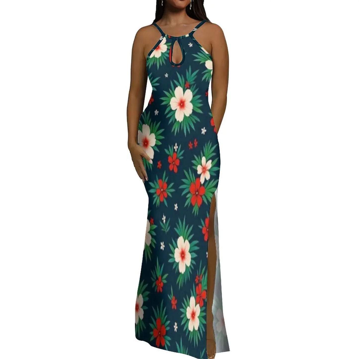 Halter Water Drop Floor-Length Dress For Polynesian Ladies Custom-Made Floral Pattern Evening Dress Stunning Summer Dress